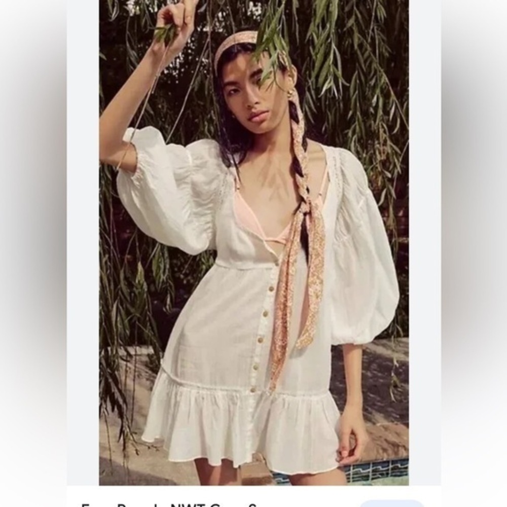 Free People Puff Sleeve Cute Button Front Tunic Mini Dress white Sz small